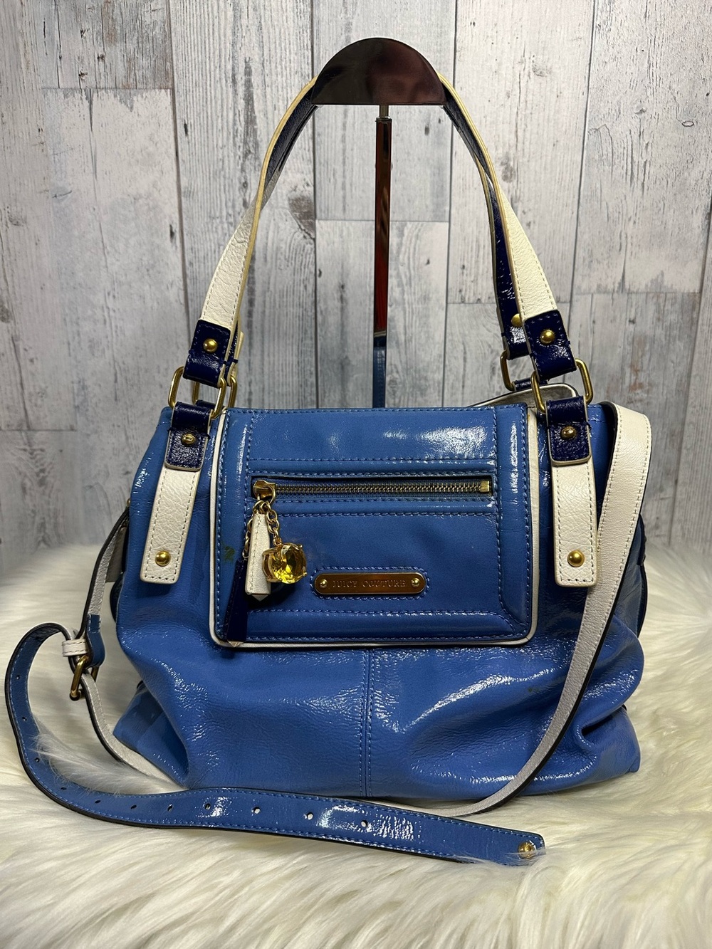 JUICY COUTURE Blue Patent Leather Shoulder Bag with White Trim